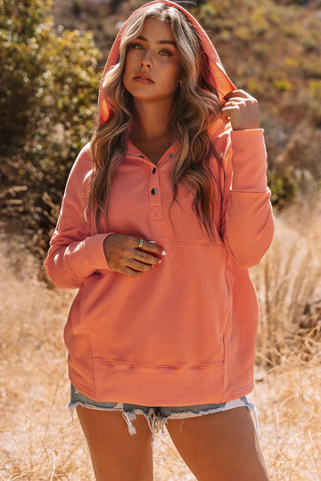 Orange Batwing Sleeve Pocketed Henley Hoodie