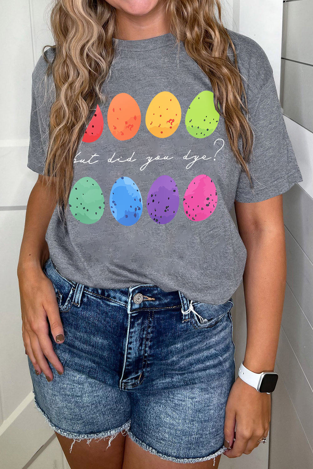 Gray Easter Eggs Print Crew Neck T Shirt