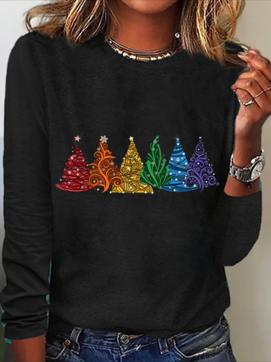 Christmas Tree Cotton-Blend Crew Neck Casual Long Sleeve Shirt