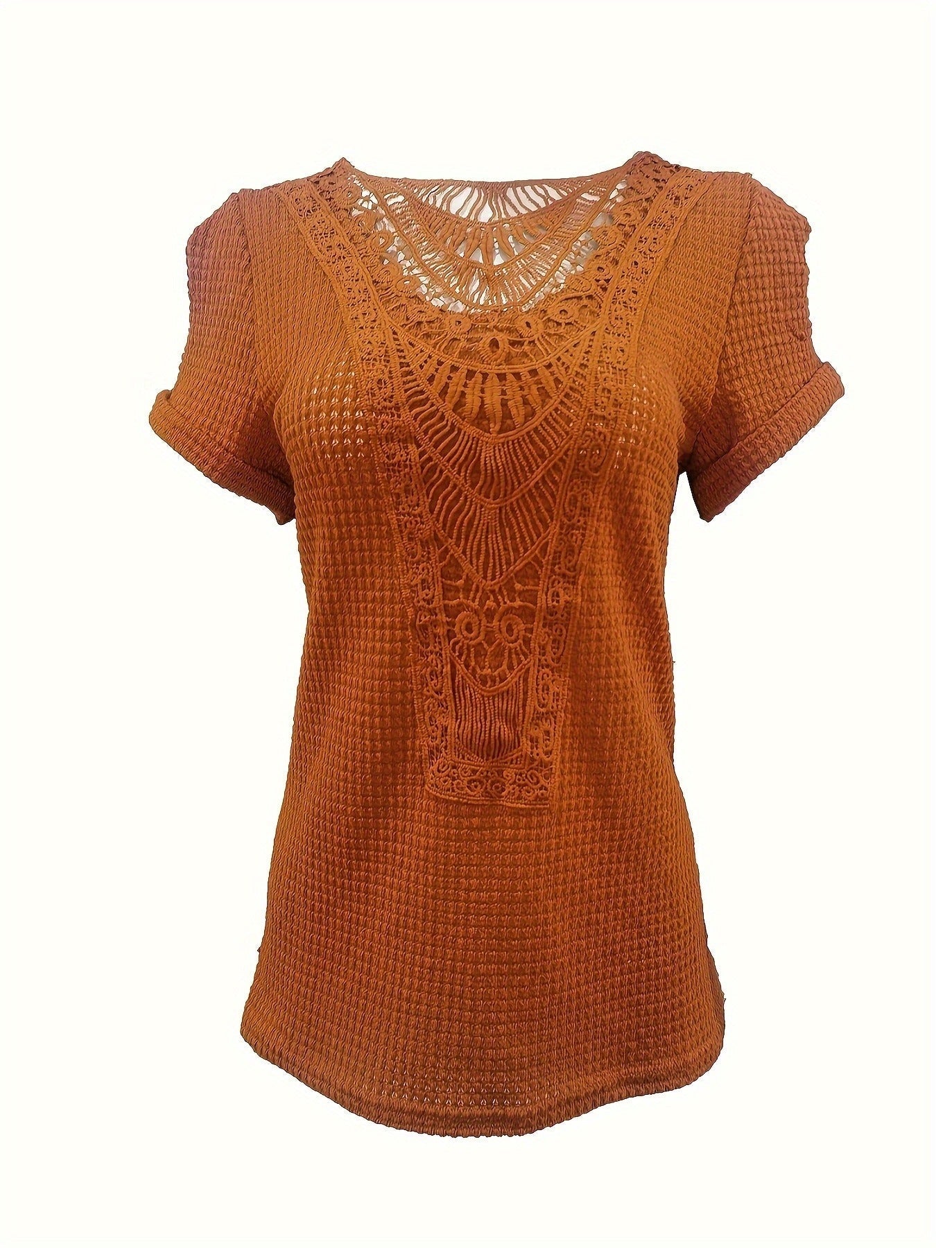Contrast Lace Crew Neck T-Shirt, Casual Short Sleeve T-Shirt