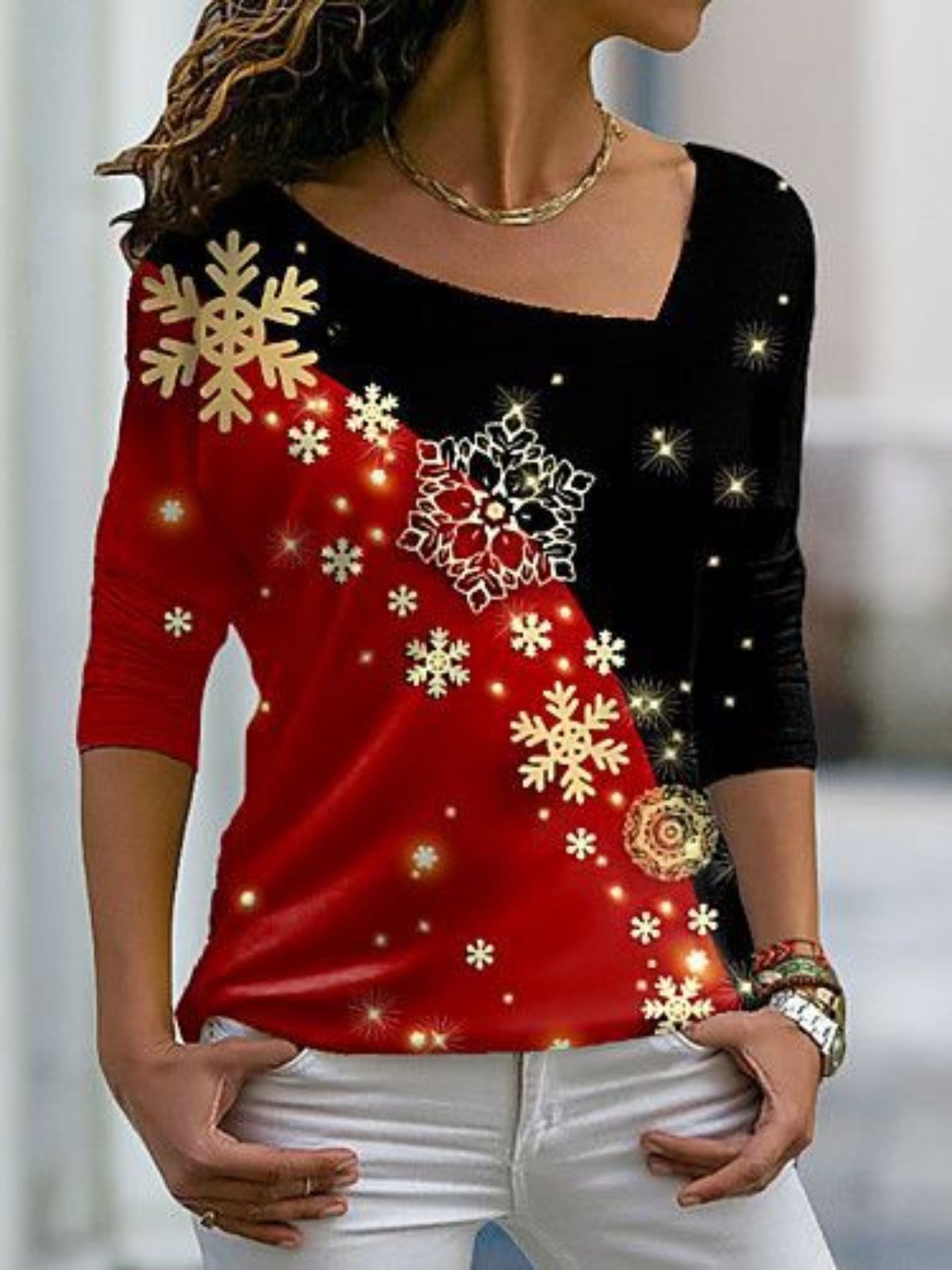 Snowflake Print Slant V Neck T-Shirt, Casual Long Sleeve Top
