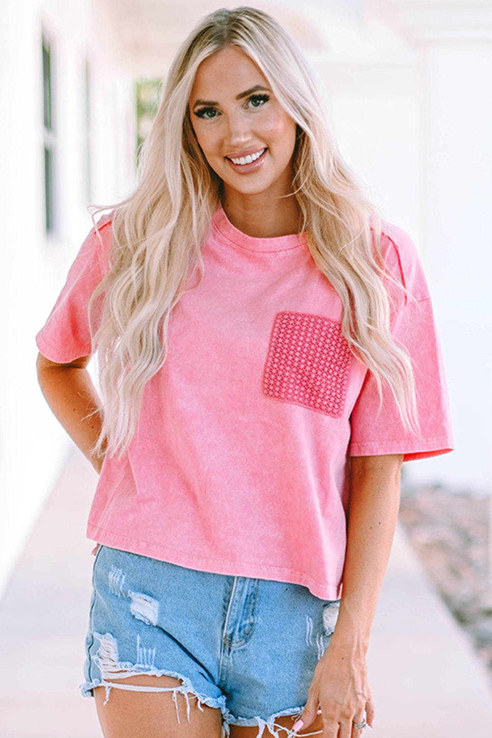 Pink Acid Wash Lace Patch Pocket T-Shirt