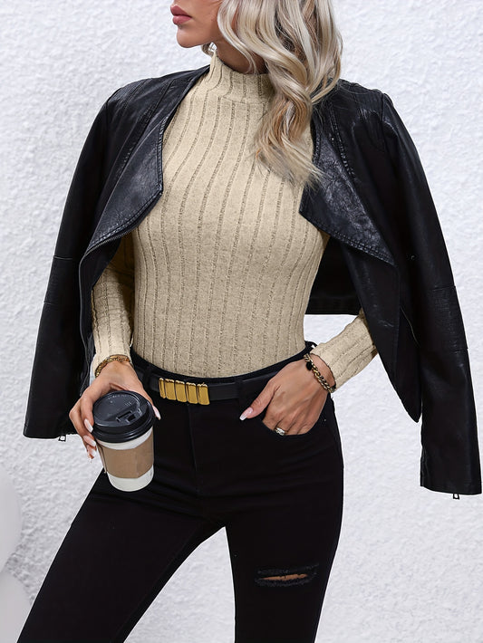 Solid Ribbed Mock Neck Pullover Sweater, Elegant Long Sleeve Sweater