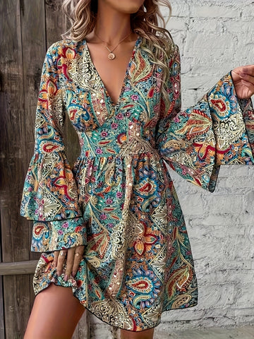 Paisley Print V Neck Dress, Elegant Layered Sleeve A-line Dress