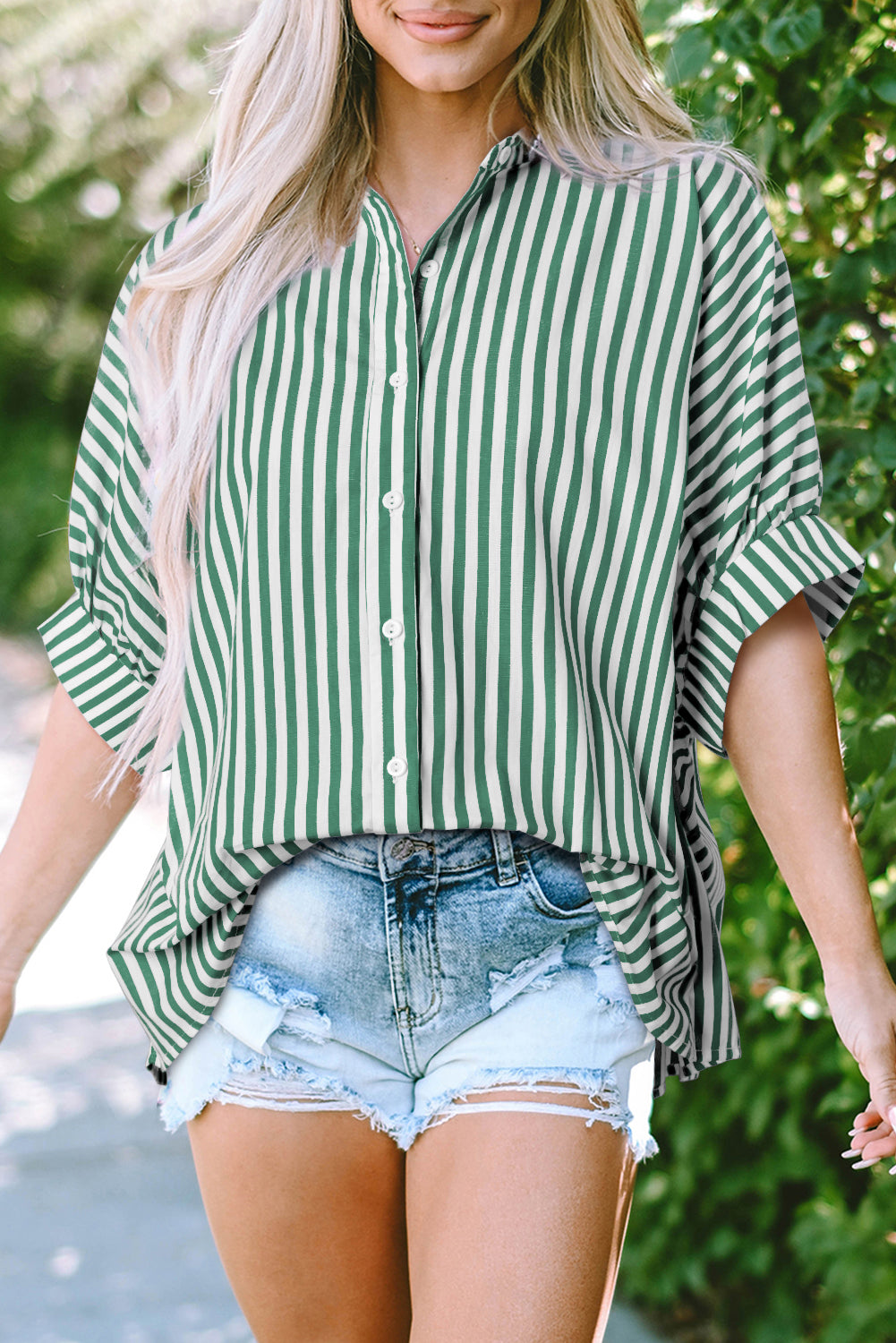 Green Stripe Dolman Sleeve Oversize Shirt
