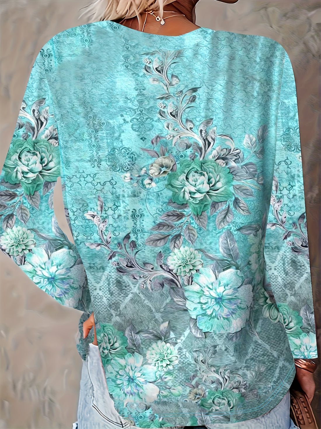 Long Sleeve Crew Neck Regular Fit Elegant Printed Floral Design T-Shirt