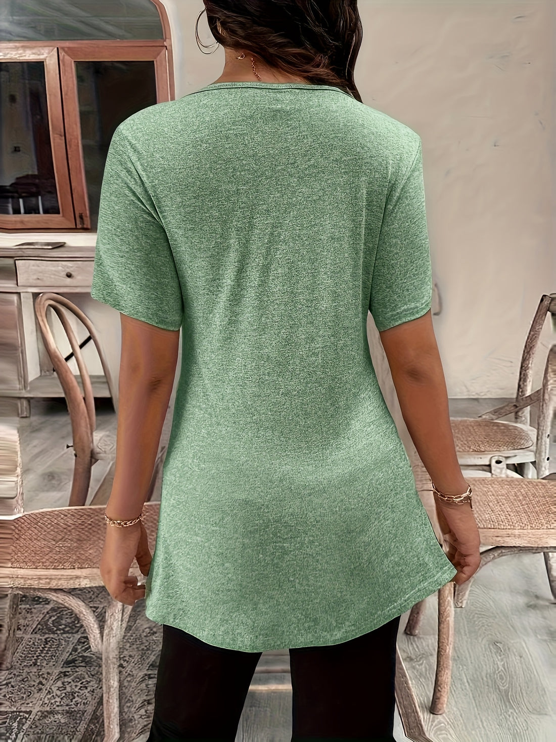 Solid Color Square Neck Slim-Fit Short Sleeve Cross-Strap Top