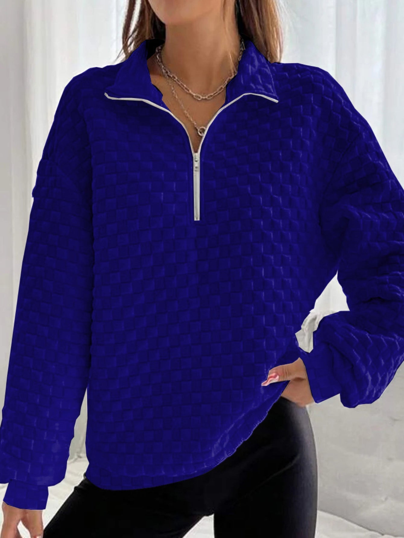 Solid Textured Zipper Sweatshirt, Casual Long Sleeve Drop Shoulder Sweatshirt