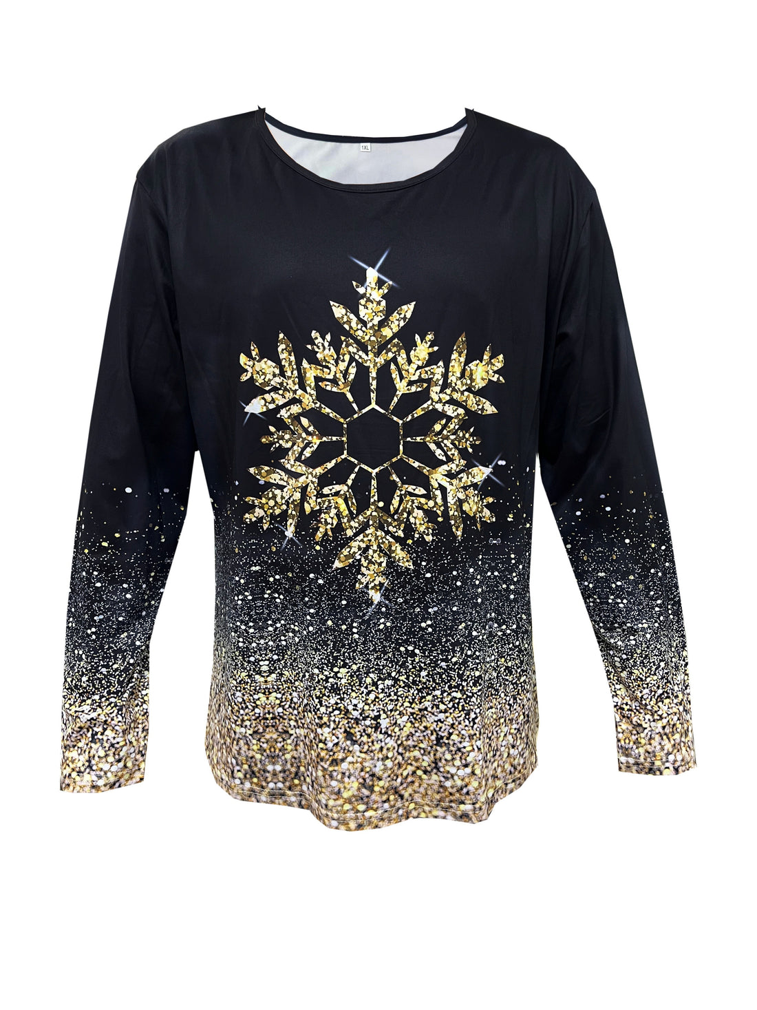 Women's Glitter Snowflake Print Long Sleeve Round Neck Slight Stretch Top