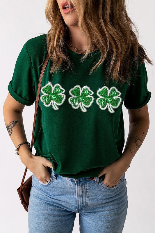 Green St Patrick Clover Patch Sequin Graphic T-shirt