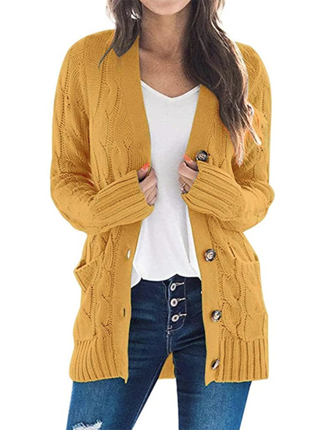Cable Knit Button Front Cardigan, Casual Solid Long Sleeve Cardigan