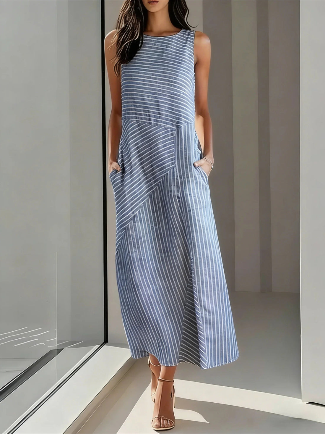 Striped Crew Neck Sleeveless Tank A-Line Dress