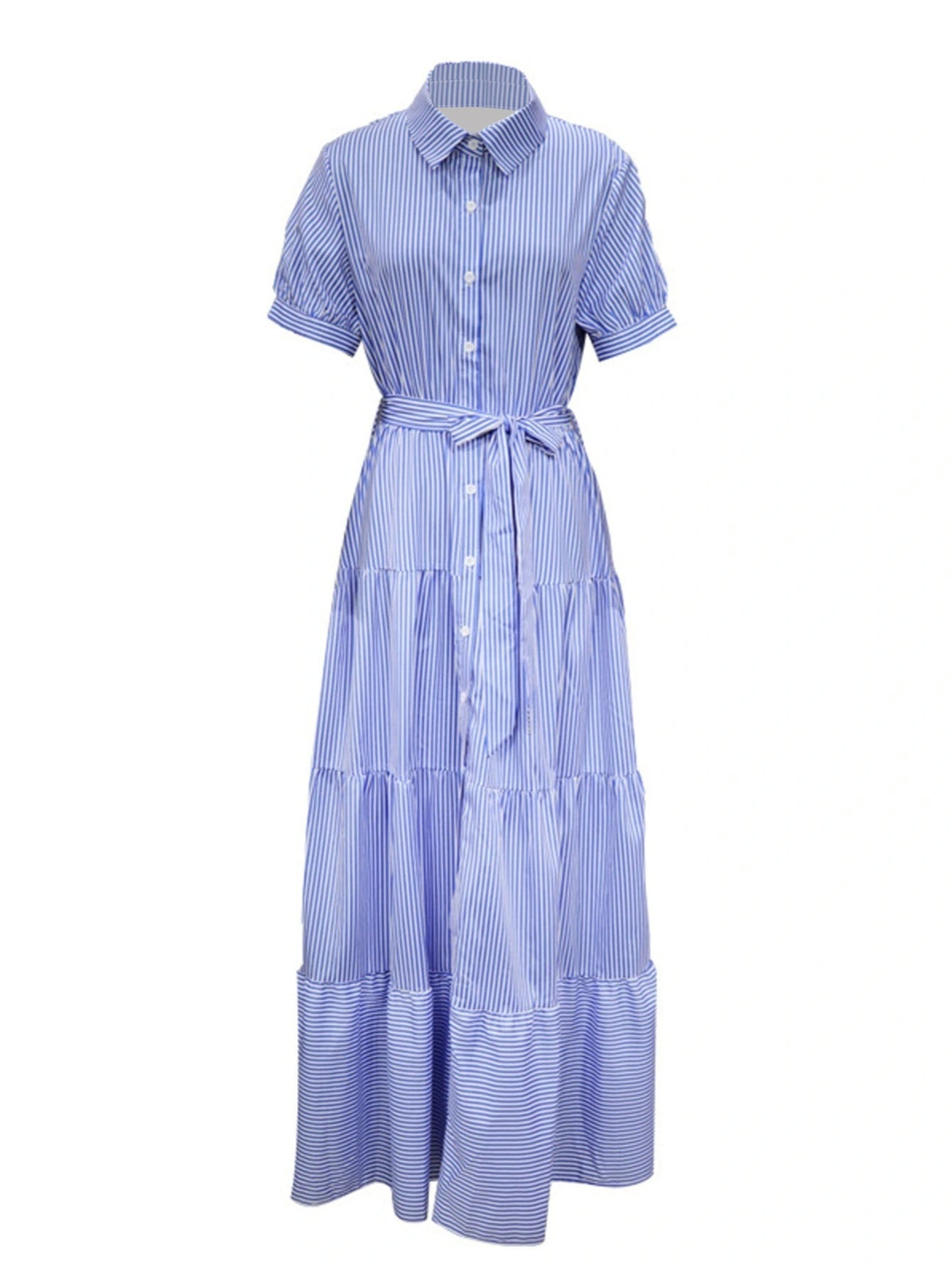 Button Front Short Sleeves Vibrant Striped Tunic Shirt Maxi Dress