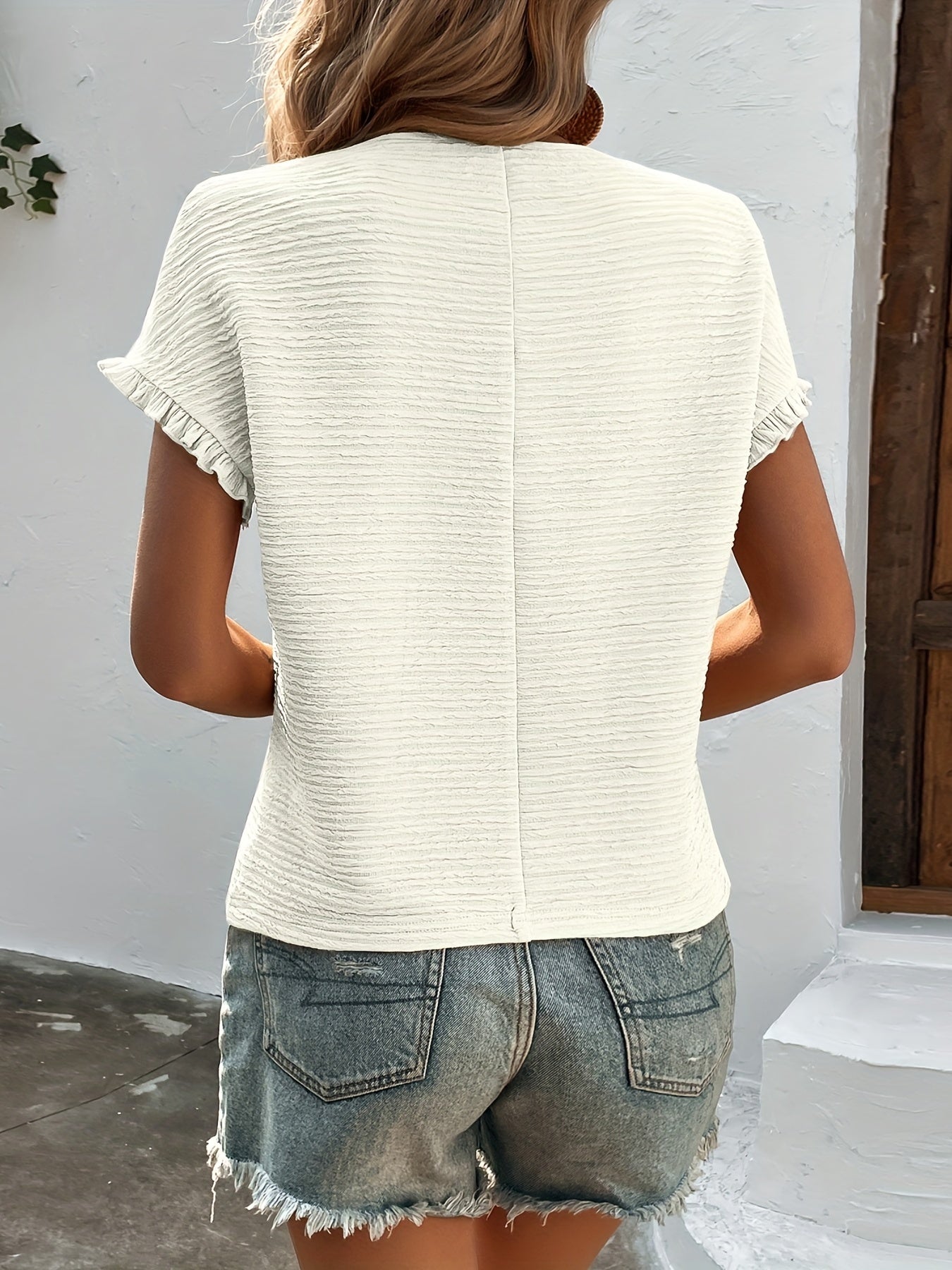 Solid Lettuce Trim T-shirt, Casual Crew Neck Short Sleeve Summer T-shirt