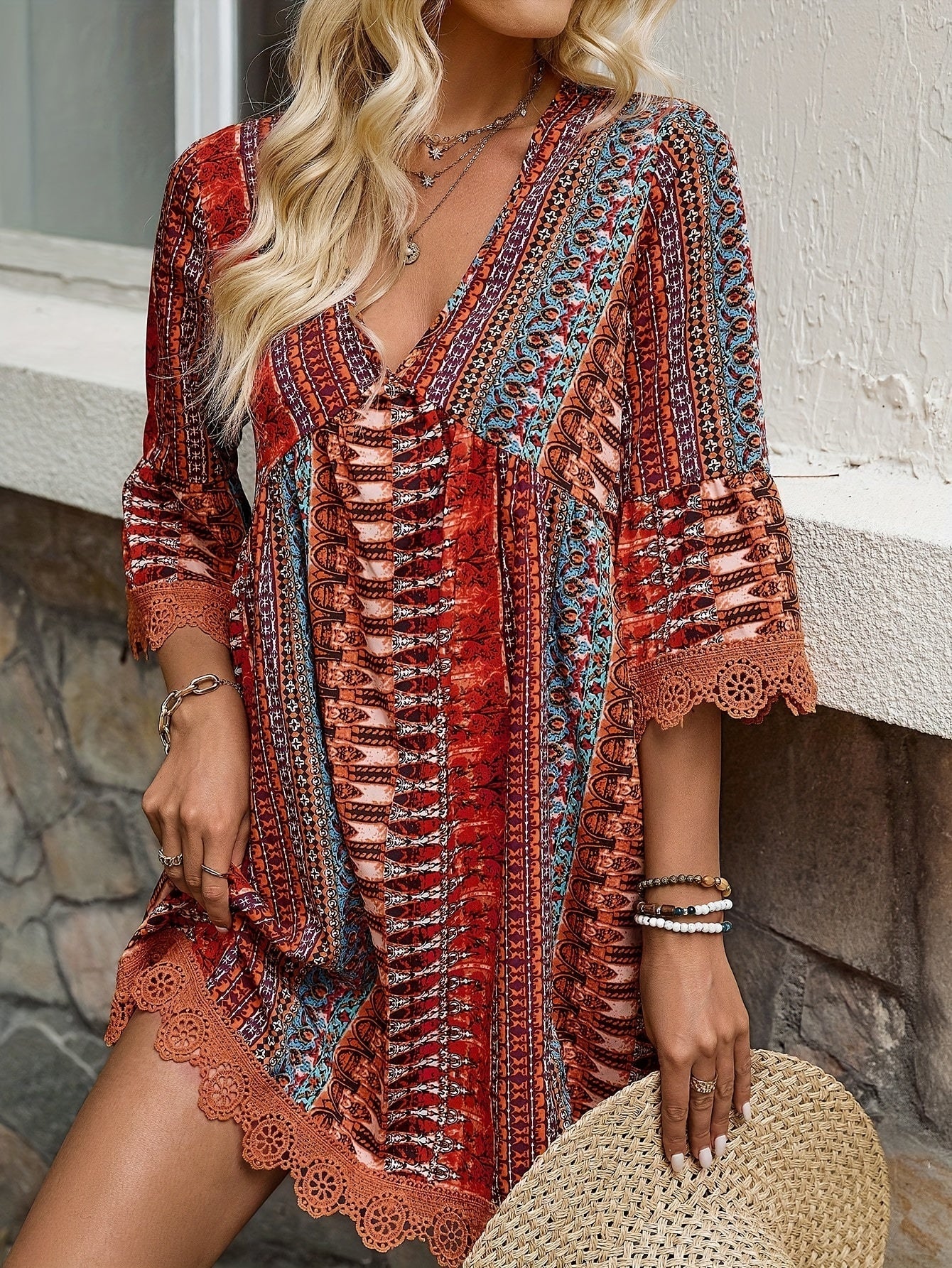 3/4 Sleeve Striped V-neck Trapeze Dress