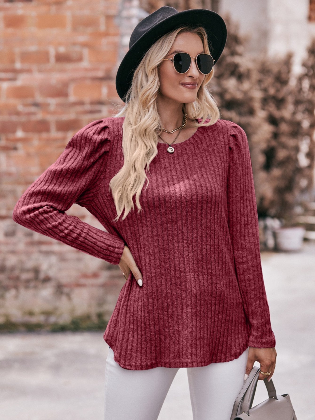Ribbed Crew Neck T-Shirt, Casual Long Sleeve Top