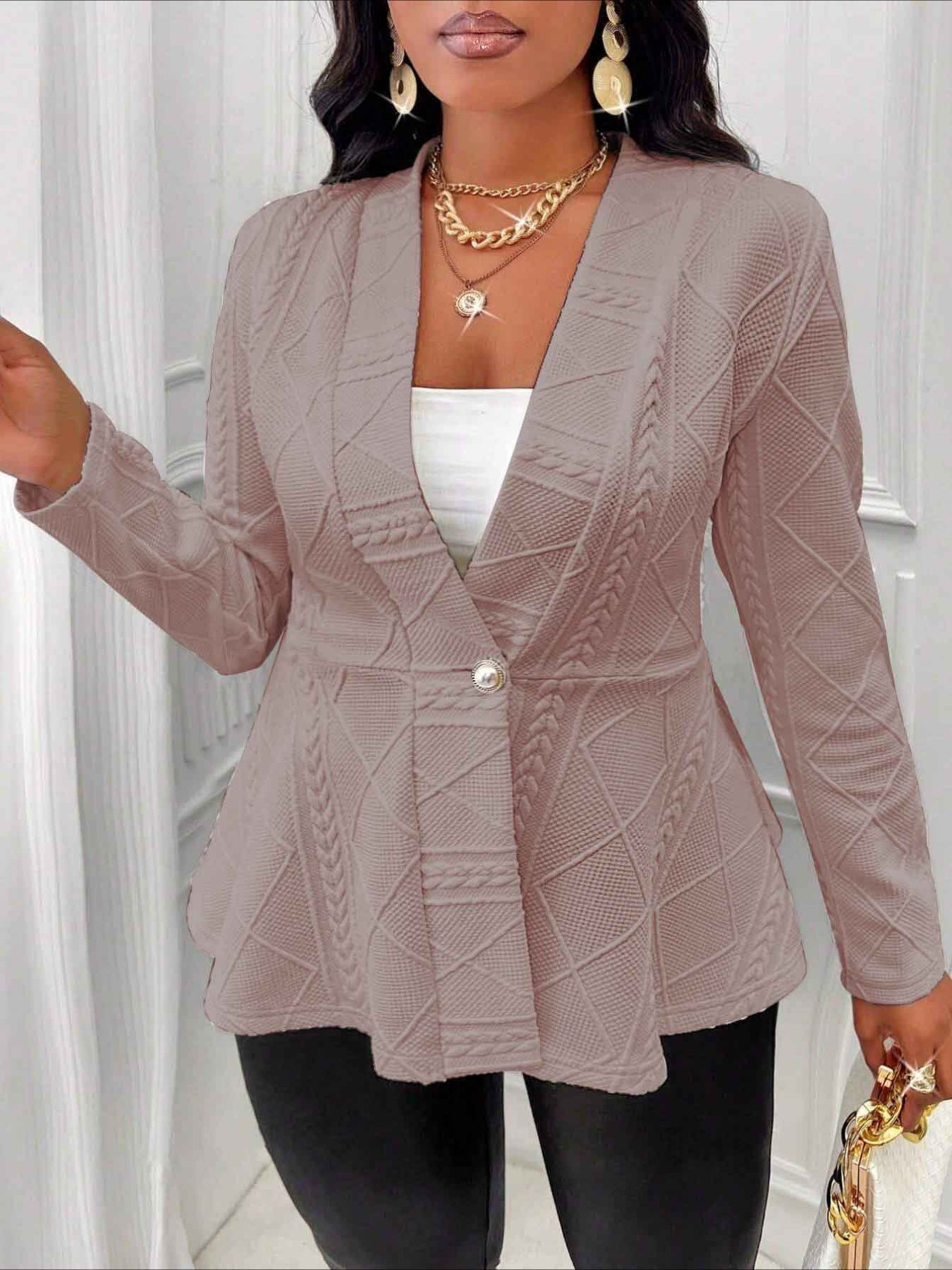 Chic Single-Button Blazer - Tailored Fit with Ruffle Hem Detail, Elegant Long Sleeve