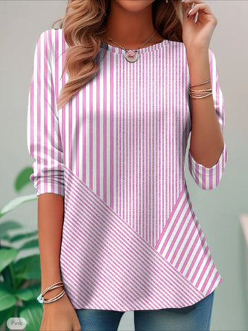 Graphic Geometric Striped Elegant Vintage Fashion Long Sleeve Crew Neck Regular Tops