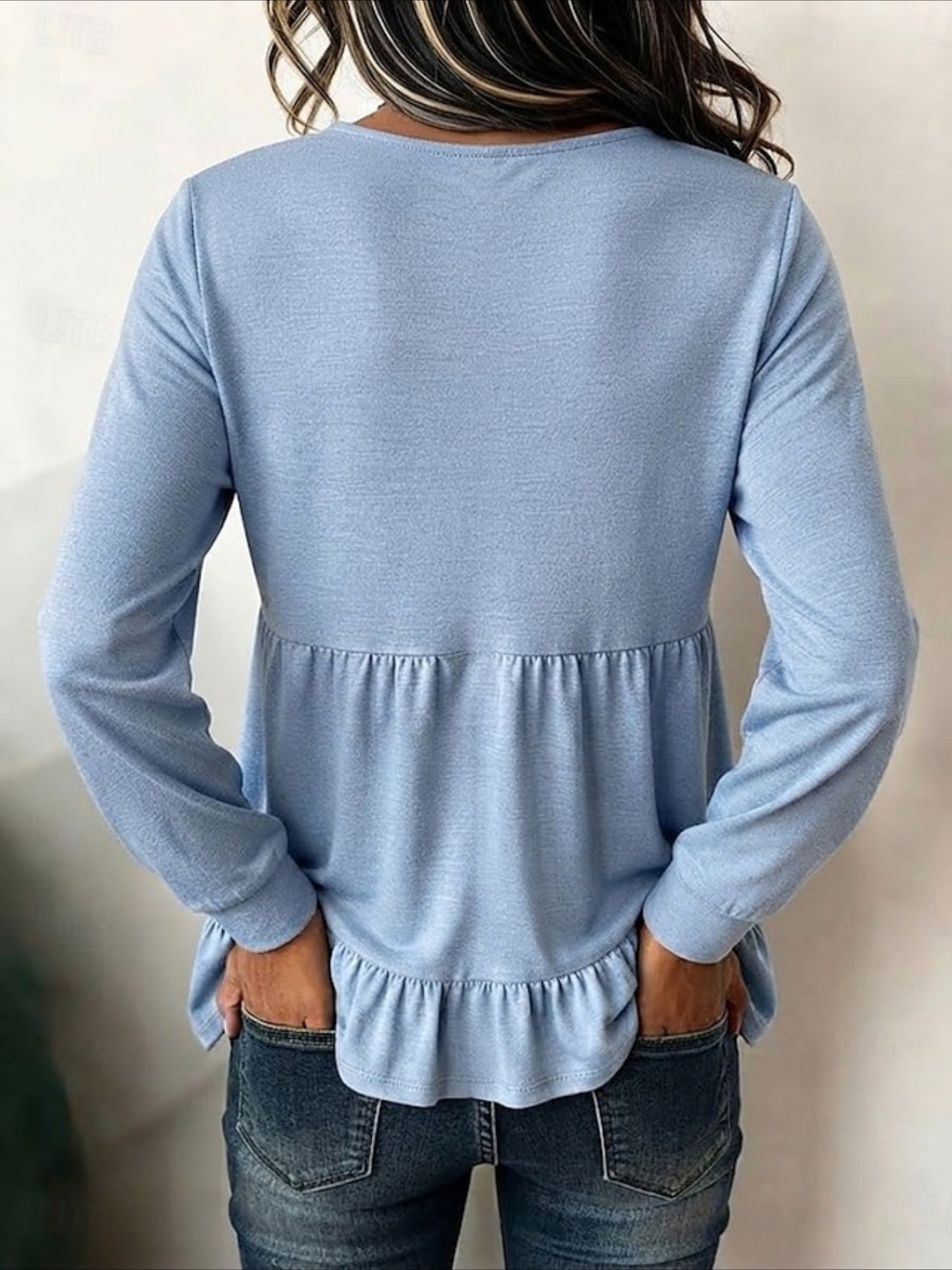 Ruffle Solid Color Plain Elegant Ladies Casual Long Sleeve Henry Collar Regular Tops
