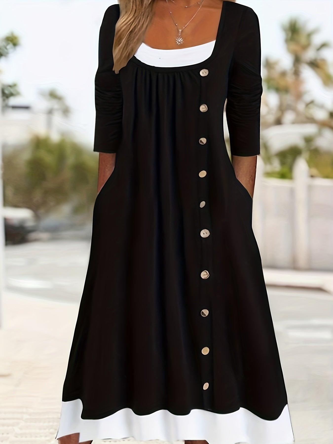 Women's Colorblock Button Decor Long Sleeve Round Neck Slight Stretch Dress With Pockets