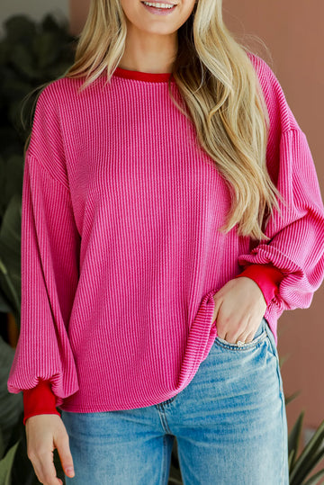 Bright Pink Corded Contrast Edge Drop Shoulder Long Sleeve Top