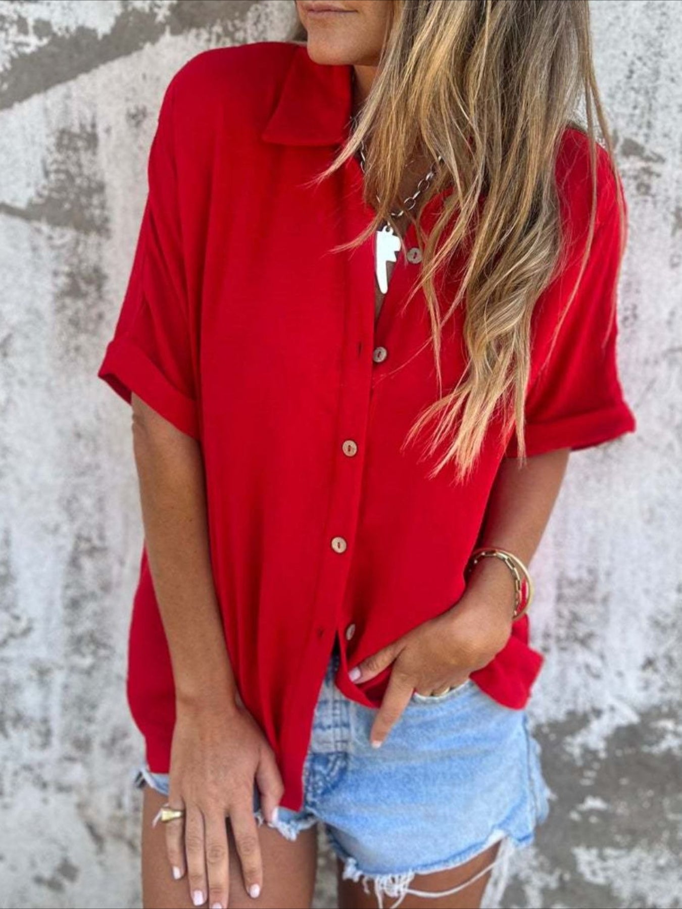 Casual Button Collared Short Sleeve Tunic Tops with Pocket