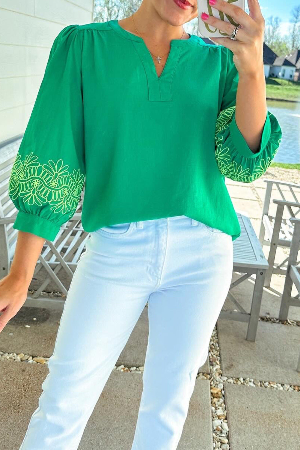 Green Contrast Floral Embroidered 3/4 Sleeve Notched V Neck Elegant Blouse