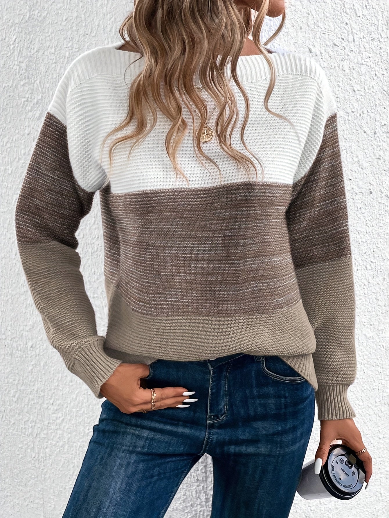 Long Sleeve Pullover Color Block Boat Neck Sweater