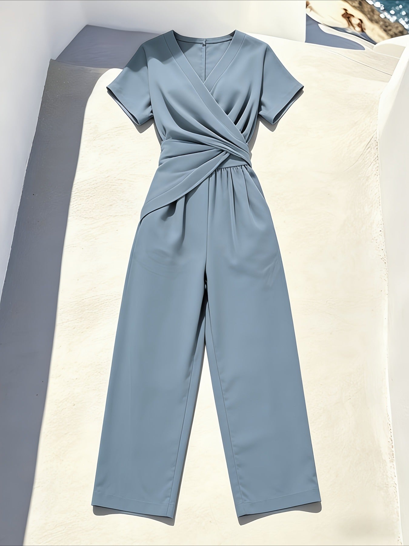 2pcs Stylish Short-Sleeve Front Cross Tie Wide-Leg Pants Set Casual Irregular Top with Pockets Outfit