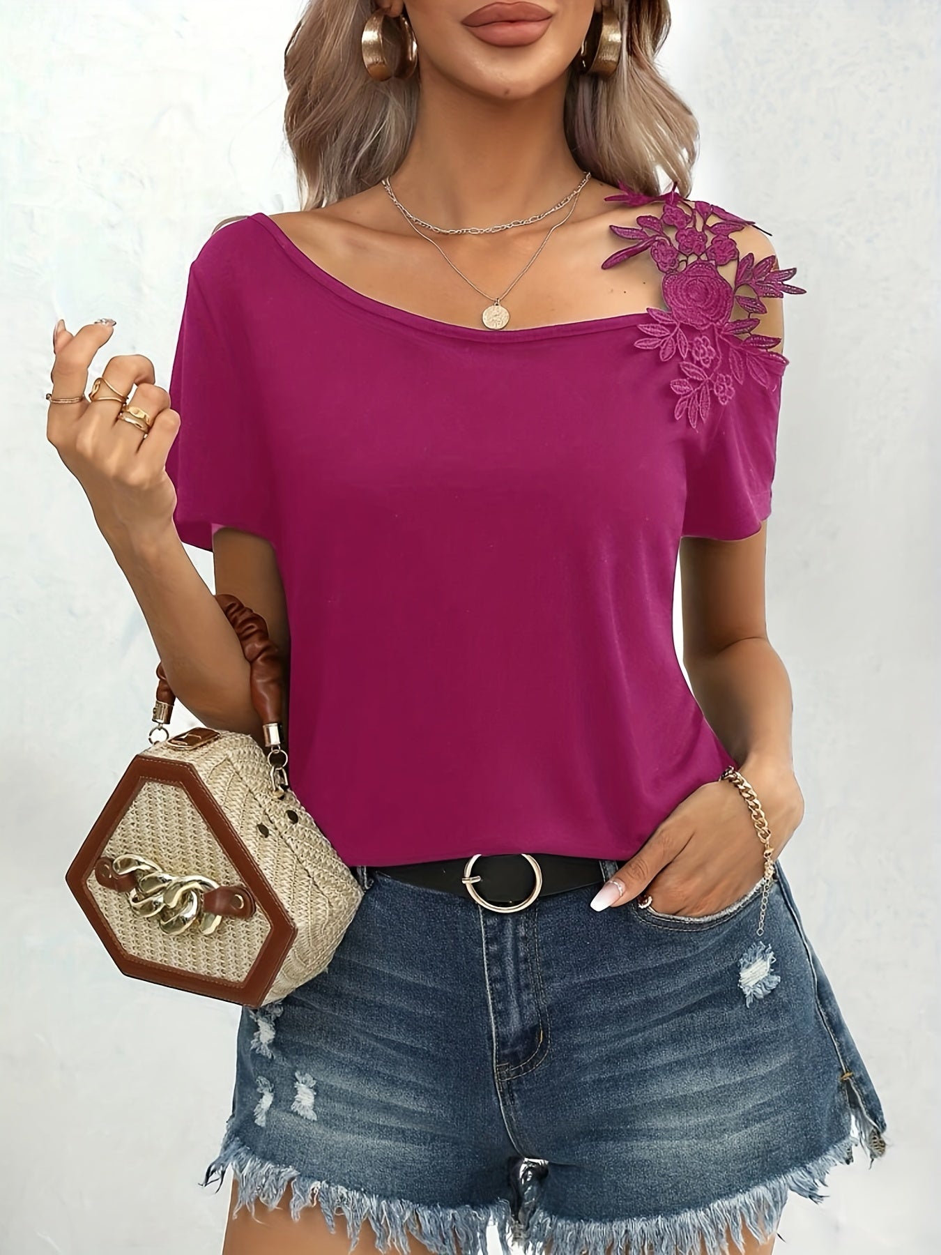 Women's Guipure Lace Asymmetrical Neck Short Sleeve T-Shirt