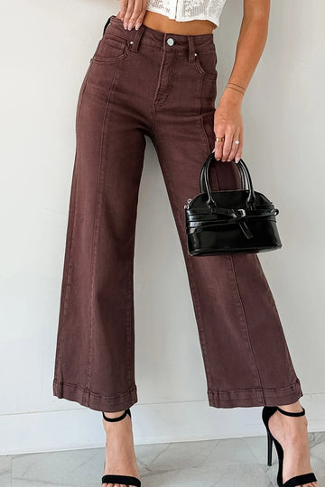 Red Sandalwood Solid Color Seamed Center Wide Leg Cropped Jeans
