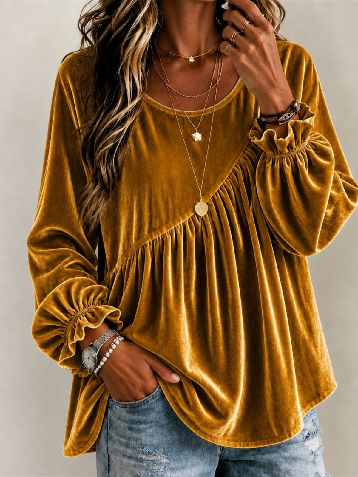 Round Neck Long Sleeve Velvet Blouse with Asymmetric Gathered Detail