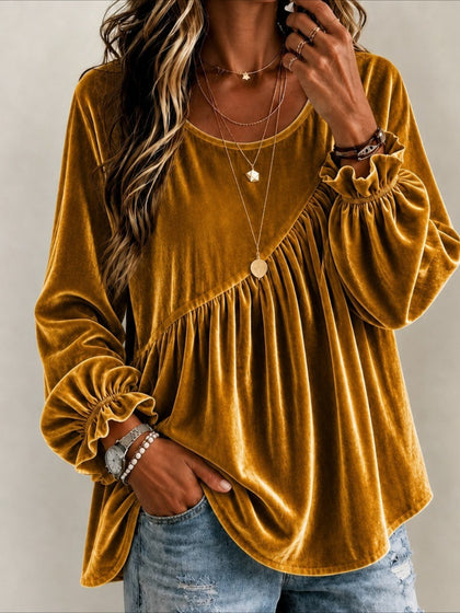Round Neck Long Sleeve Velvet Blouse with Asymmetric Gathered Detail
