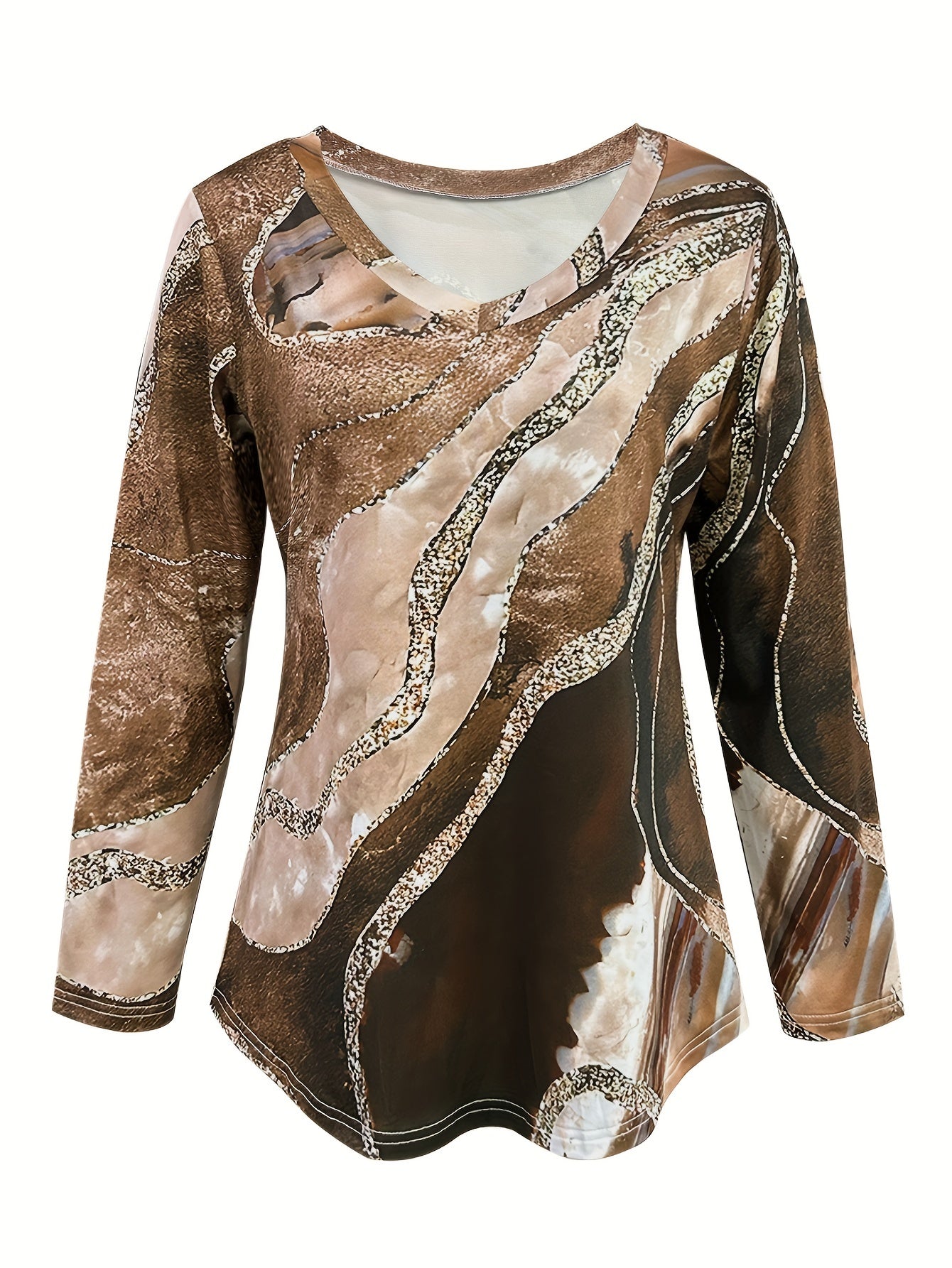 Abstract Print V Neck T-shirt, Long Sleeve T-shirt