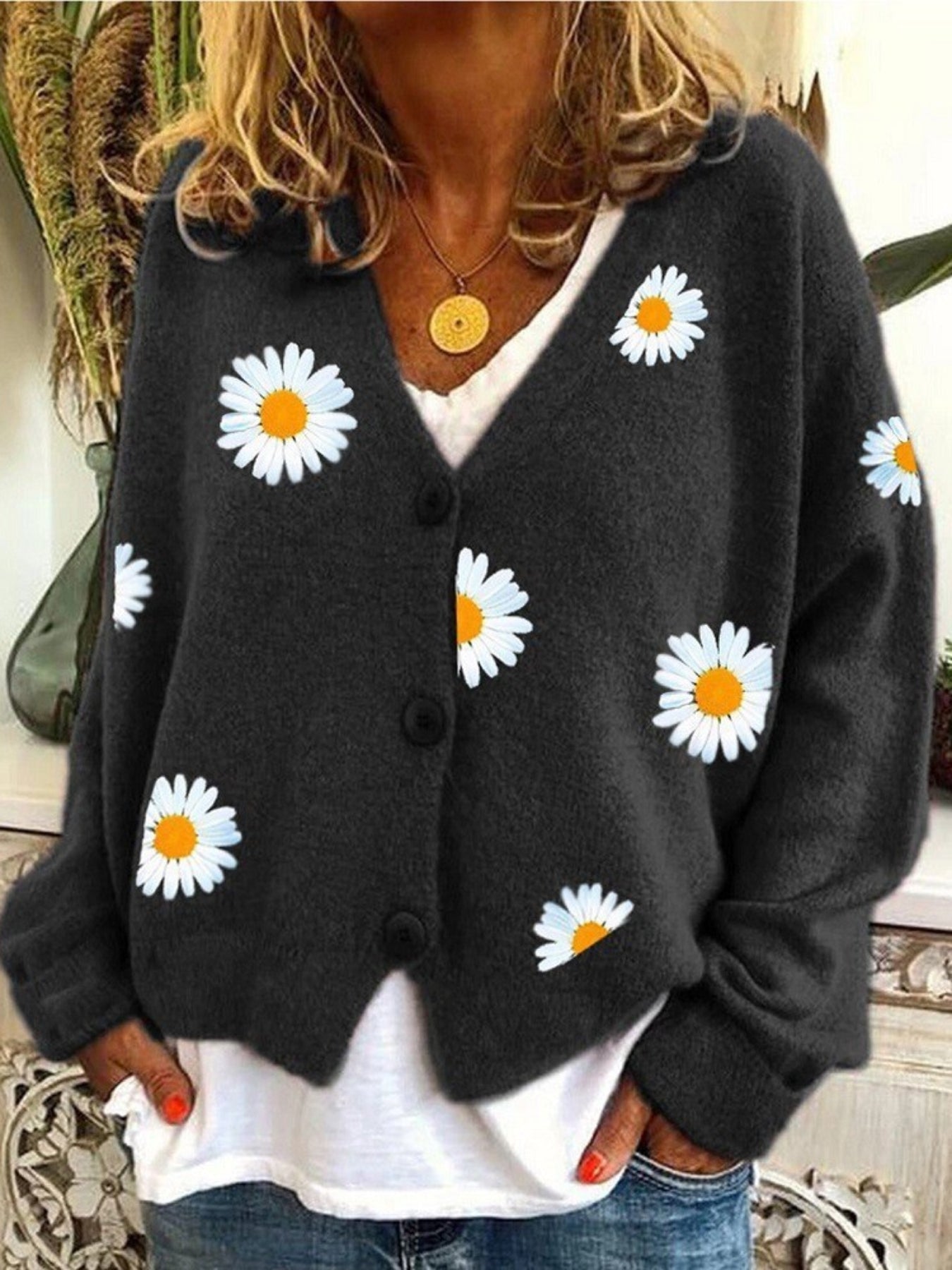 Daisy Pattern Embroidered Knitted Cardigan, Button Front Elegant Long Sleeve Sweater