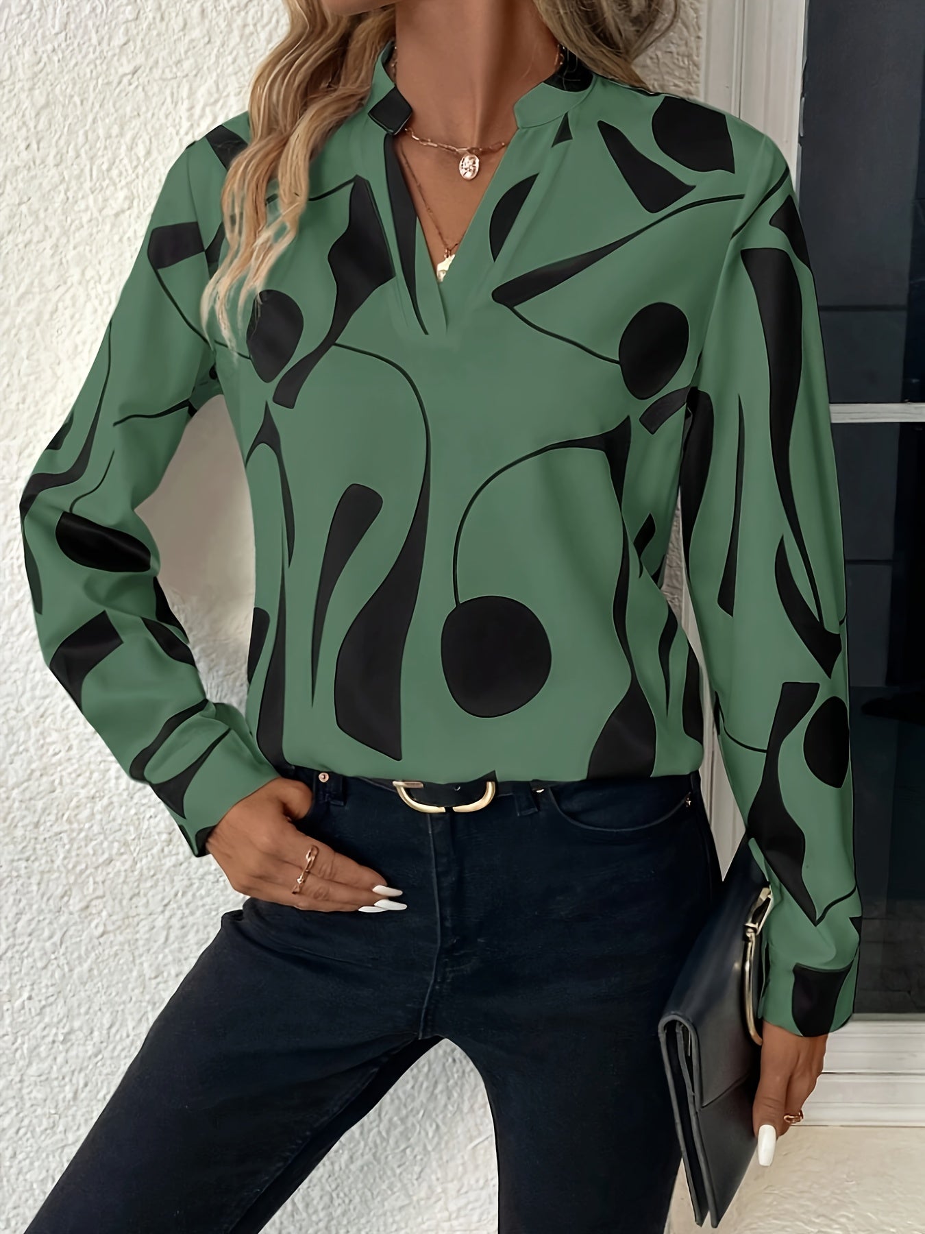 Long Sleeve Geometric Print Blouse - Elegant Notched Neck, Relaxed Fit