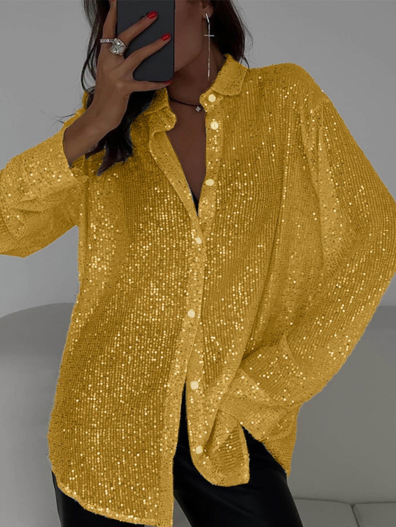 Womens Sequins Long Sleeve Collared Shirt Button Down Open Front Shirt Loose Tops