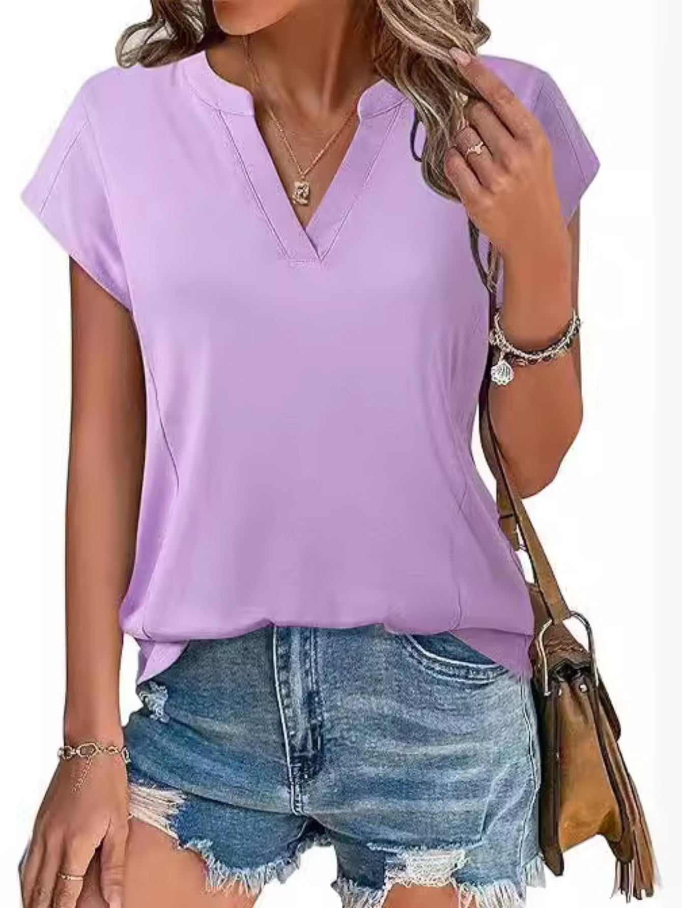 V neck T-shirt Summer Ladies Casual Tops Blouse Tunic Solid Plain Pullover Tee