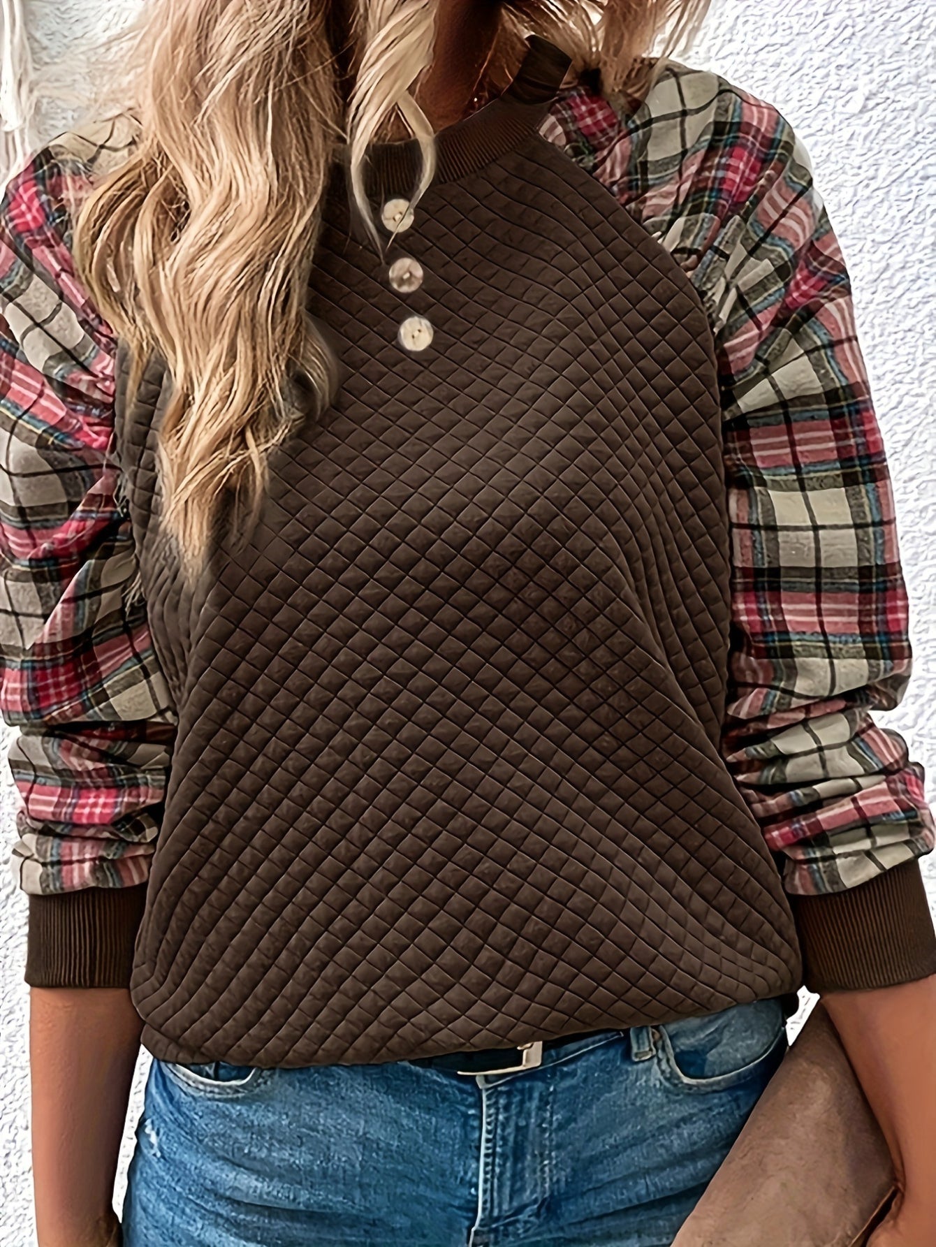 Cozy Argyle Plaid Print Pullover Long Raglan Sleeve Crew Neck and Casual Style Sweatshirt