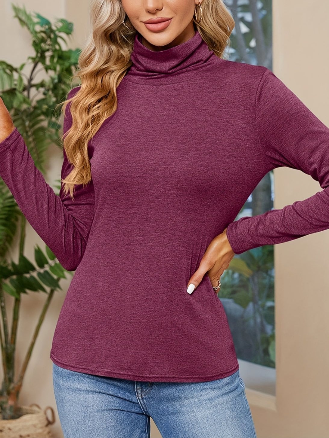 Solid Turtleneck T-Shirt, Casual Long Sleeve Top