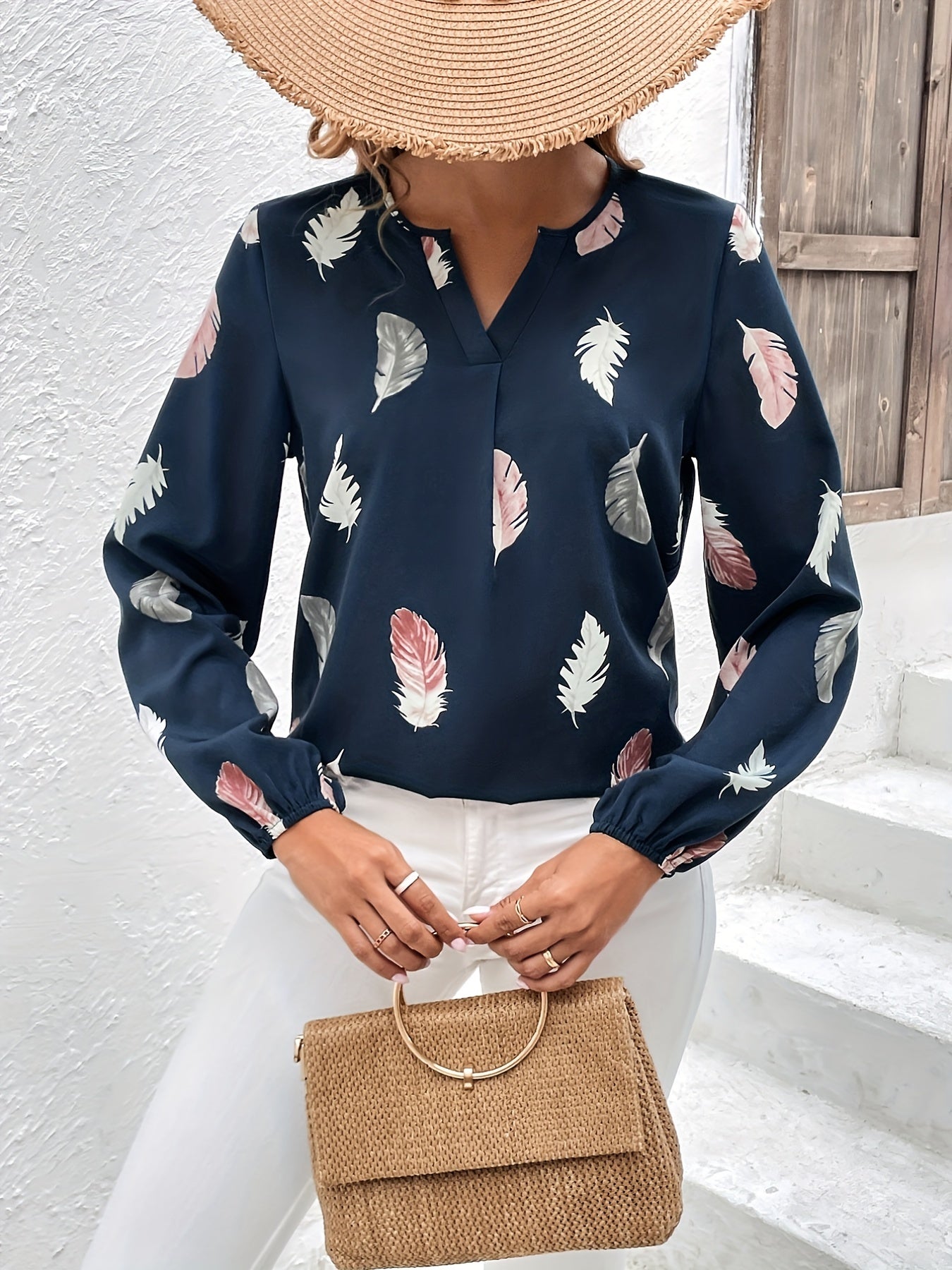 Feather Printed V-neck Loose Shirts, Casual Long Sleeve Fashion Shirts