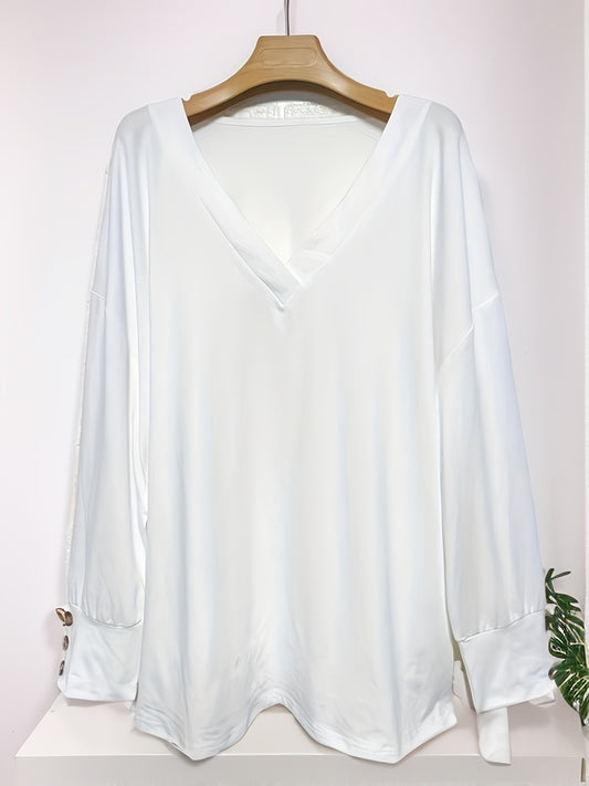 Women's Solid Button Decor Long Sleeve V Neck High Stretch Top