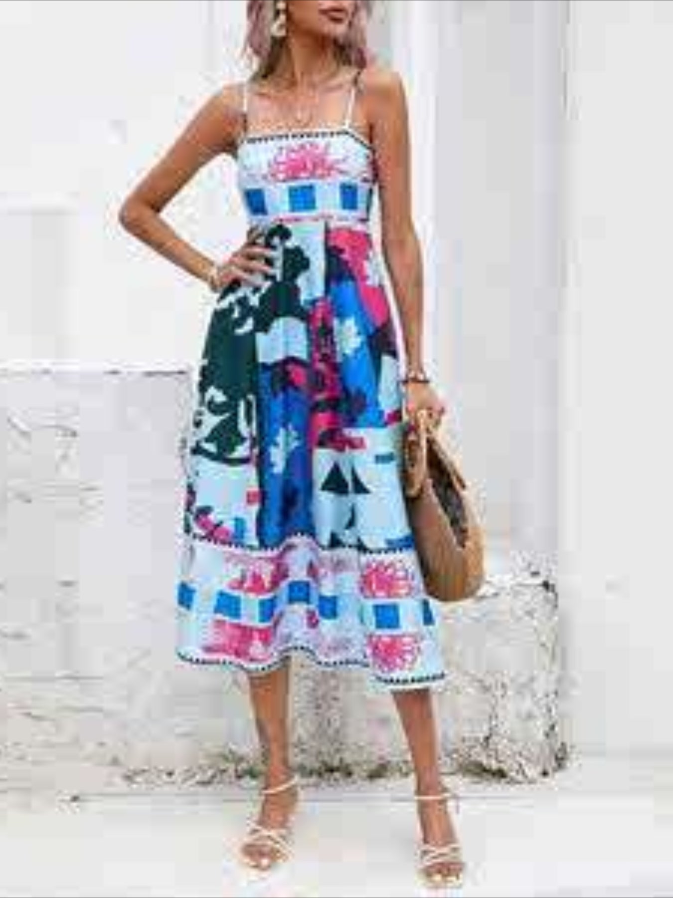 Cartoon Drawstring Print Shirred Cami Dress, Elegant Sleeveless Spaghetti Strap Dress