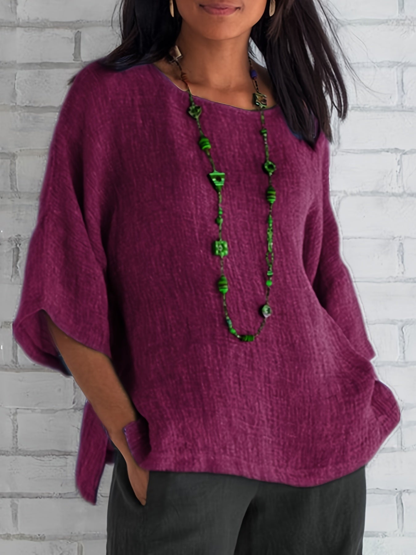 Crew Neck Loose Blouses, Casual Solid Color 3/4 Sleeve Summer Shirts Tops