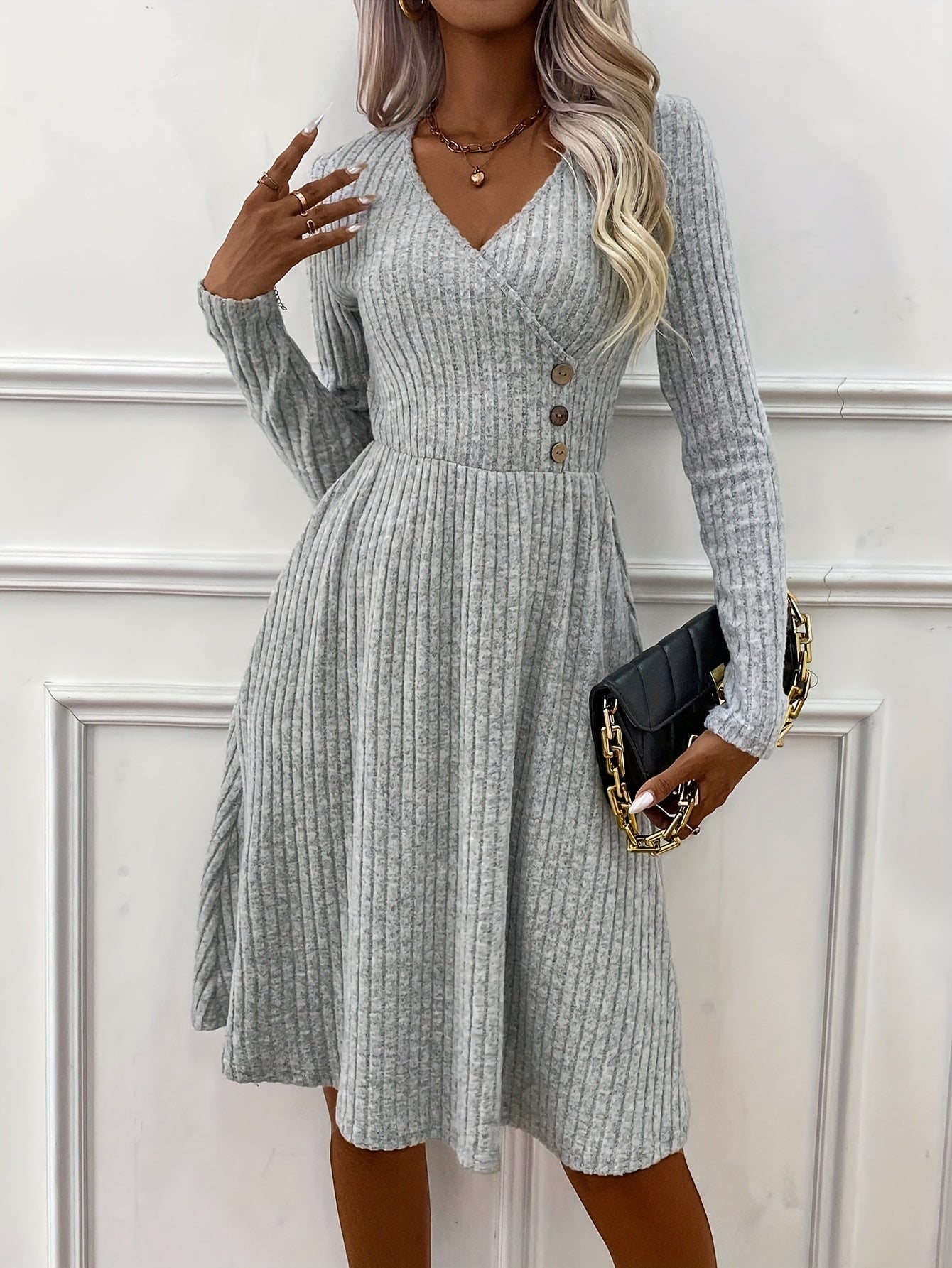 Solid V-neck Button Decor Dress, Elegant Long Sleeve Slim Dress