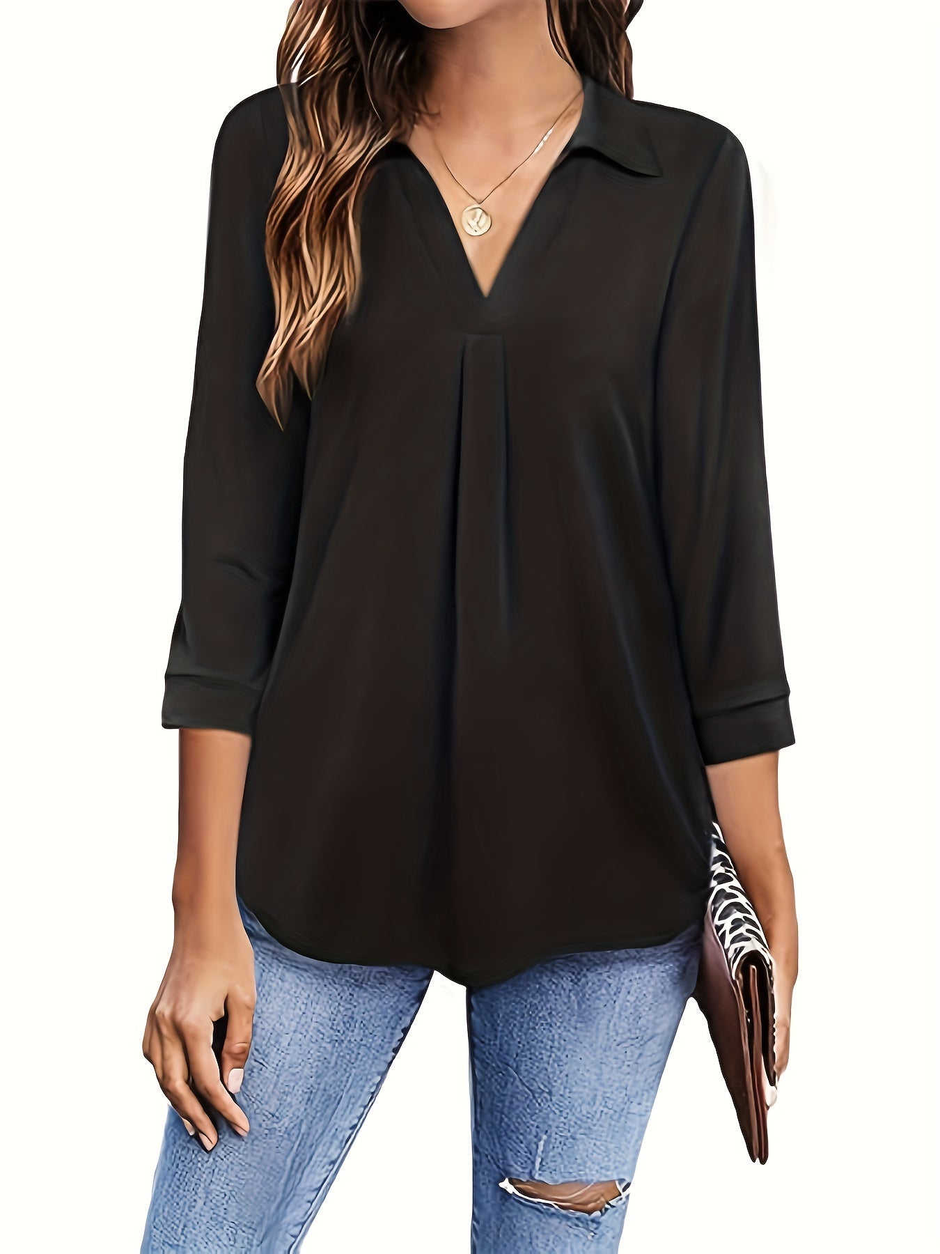 Solid V-neck Blouse, Casual 3/4 Sleeve Blouse
