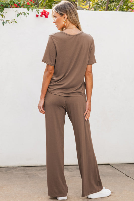 Smoke Gray Solid Color T Shirt 2pcs Wide Leg Pants Set