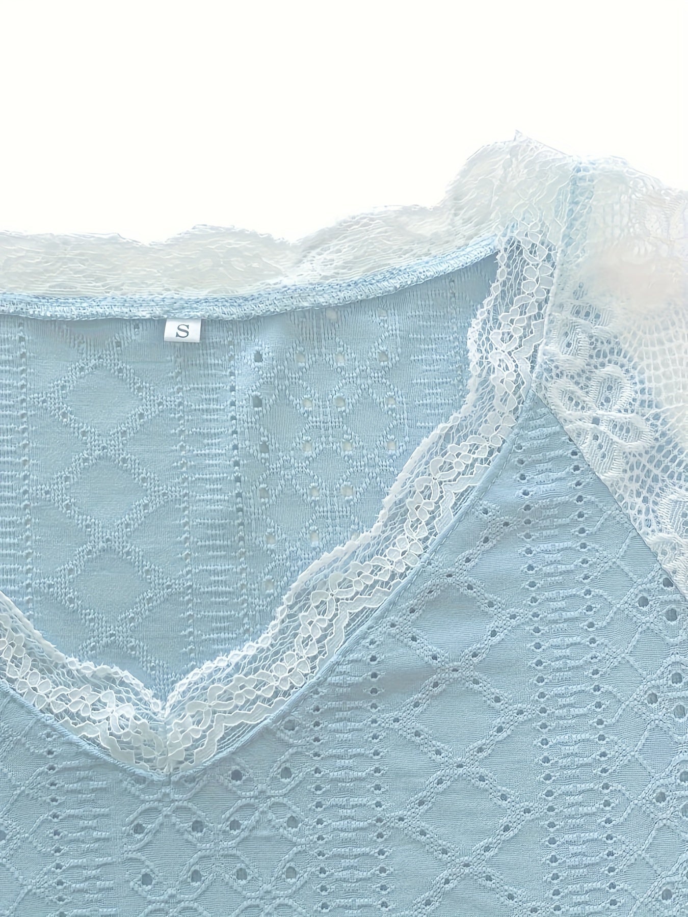 Contrast Lace V-Neck T-Shirt, Elegant Eyelet Short Sleeve T-Shirt