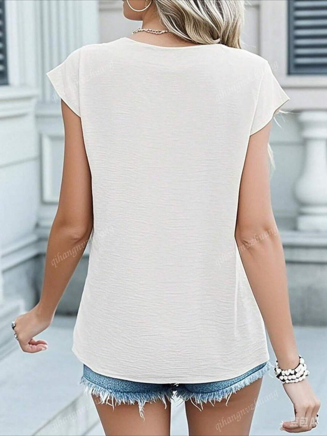 Plain V-Neck Batwing Short Sleeve Casual Loose Blouse