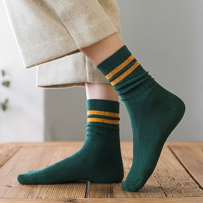 5/10 Pairs Solid Patched Stripes Crew Socks, Basic Sports Business Stockings